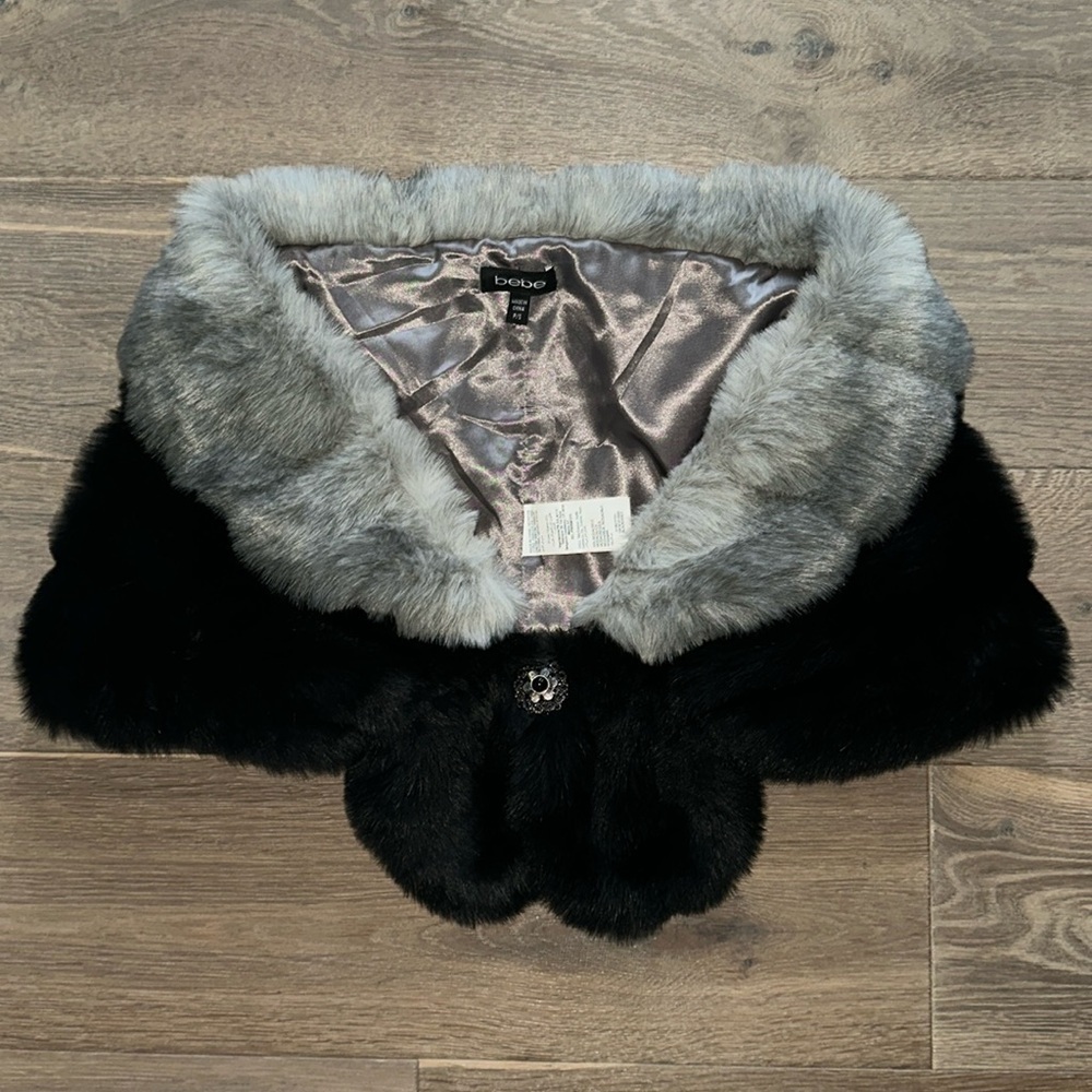 bebe Black Faux Fur Wrap with Gray Trim Collar